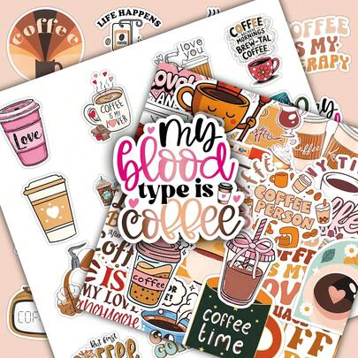 50pcs Brown Tone Ins Style Cute Coffee Doodle Decorative Stickers, Creative For Desk, Luggage, Scrapbooking