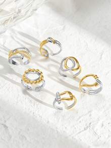 6pcs Stainless Steel 18K Gold Plated Layered Rings, Ins Style, Gold Rings, Bohemian, Women Jewelry, Gift, Elegant Rings - Multicolor - View 6