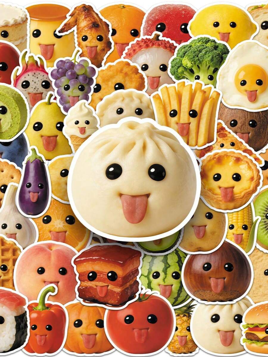 50pcs Funny Food Stickers With Hilarious Expressions And Playful Poses, Customizable, Waterproof Vinyl Material, Suitable For Fridge, Lunchbox, Bringing Joy And Laughter - A - View 1