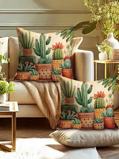 Set de 1/2/4 piezas de Funda de almohada minimalista universal - Funda de almohada con cactus, Funda de almohada decorativa con planta del desierto verde, Funda de almohada decorativa cuadrada bohemia para sofá, colchón y cojín - Decoración del hogar lavable a máquina