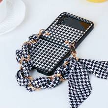 黑白千鸟格折叠手机壳，配金属链和缎带，适用于三星 Galaxy Z Flip3 5G/Galaxy Z Flip 4 5G/Galaxy Z Flip 5 5G/Galaxy Z Flip 6 5G/Galaxy Z Flip 7 5G，奢华优雅可折叠屏幕保护套 - 彩色 - 查看 5