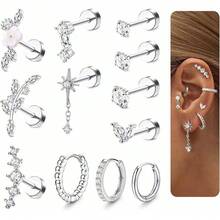 12pcs/Set Gold Stainless Steel Stud Earrings, Round Barbell Earrings With 4-Prong Cubic Zirconia - Multicolor - View 7