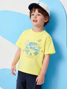 Balabala Camiseta de manga corta de algodón suave y casual para niños con gráfico temático de espacio y aventura - amarillo limon - Ver 4
