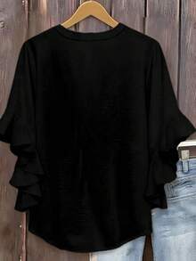 Plus Size Women V-Neck Ruffle Sleeve Solid Color Blouse Spring Black - Black - View 3