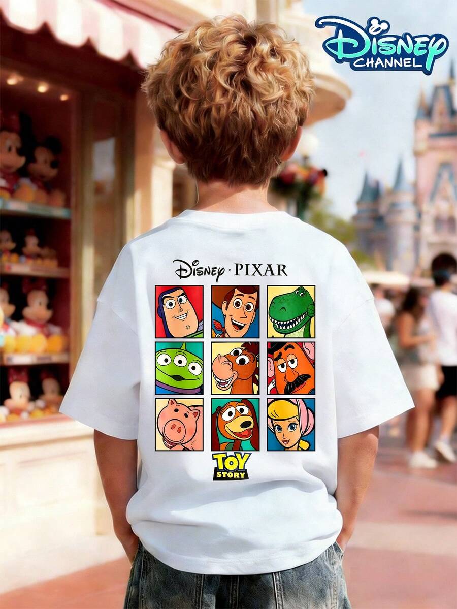Disney Toy Story Characters Print Crew Neck T-Shirt For Boys Aged 4-12, Summer, 100% Cotton Short-Sleeve. The Front Features A Group Of Interactive Characters Including Slinky Dog, Rex, Jessie, Woody, Buzz Lightyear, And The Alien, Each In A Lively Running Or Waving Pose. It's Adorned With The Classic "TOY STORY" Logo And The Official "Disney・PIXAR" Branding, Making It Both Cute And Dynamic. Can Be Paired With Athletic Shorts, Wide-Leg Jeans, Or Cargo Shorts. Suitable For Everyday Wear, School, Outdoor Picnics, Birthday Parties, And Family Gatherings. Skin-Friendly And Comfortable. Classic Disney IP Pattern Top. Suitable For Boys Aged 4-12. - White - View 1