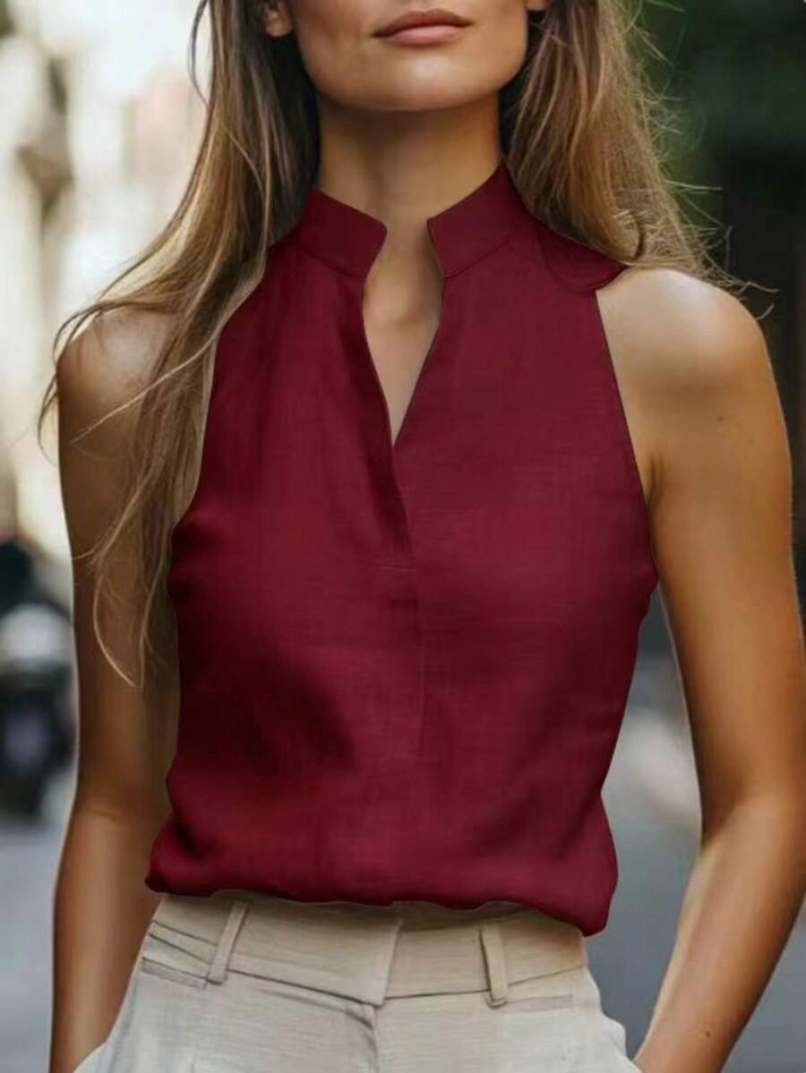 Women's Fashionable Sleeveless Casual Tank Top Blouse For Commuting Summer - Burgundy - View 1
