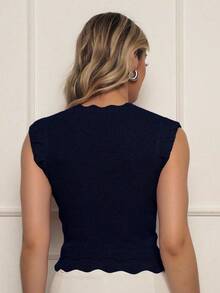 ONLYONE - Modal Cropped Blouse With Japanese Sleeves And Wave Detail At The Hem - Women's Blouses, Knit Blouses - Navy Blue - View 3