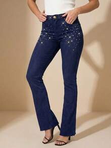 pthirillo Women's Dark Blue Flare Jeans With Butt-Lifting, High Waist, And Rhinestone Detail - Premium Rhinestone Jeans - 水鑽和串珠混合腰帶 - 查看 1