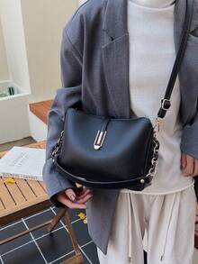 Fashionable & Elegant Solid Color Wide Strap PU Leather Women Tote Bag Shoulder Bag - Black - View 5