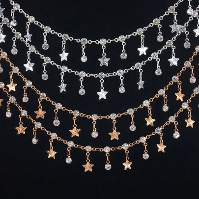 50厘米/100厘米玻璃水钻五角星吊坠链，配铜流苏，适合DIY手链项链首饰制作配件