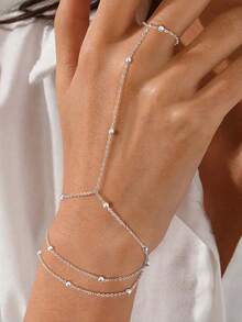 1pc 18K Stainless Steel Cross Ball Chain Linked Finger Ring Bracelet, Triple Layer, Non-Fading, Suitable For Jewelry, Women's Daily Wear - Silver - View 2