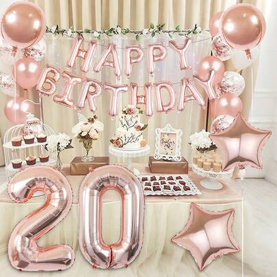 19件套玫瑰金生日派对装饰套装，包含16英寸玫瑰金“生日快乐”字母气球、32英寸数字气球、18英寸4D圆形气球和星星气球，适用于生日派对、周年纪念、甜蜜场合装饰、派对装饰、拍照道具。