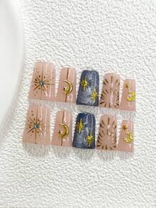 10Pcs Flashing Cat Eye Polygel Nail Set,Acrylic Press-On Nails,Golden Starlight, Moon,Silver Starbursts Adorned With Diamonds,Blue Nail Polish,Includes Nail Tools,3 Sizes Available,Almond Nails , Duck Nails,Coffin Nails For Party, Dance, Daily Wear - 彩色 - 查看 12
