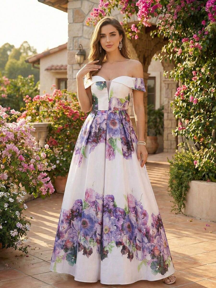 优雅露肩伴娘礼服，长款印花派对礼服，梭织面料，浪漫无袖设计，拉链细节 - 彩色 - 查看 1