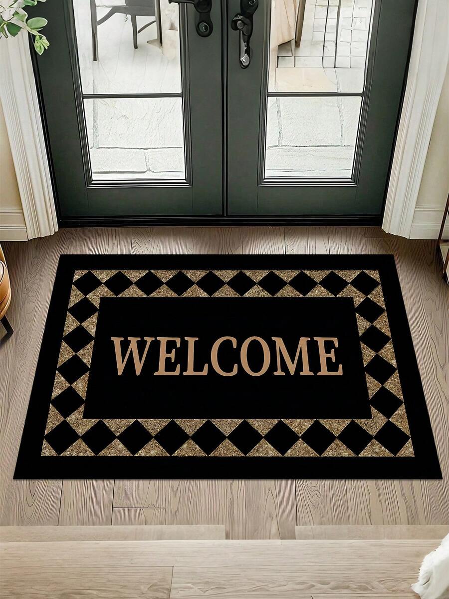 1Pc Welcome Mat Features A Black Border And Yellow Accents. Made From Durable Polyester Fabric, It's Easy To Clean And Suitable For Use In Kitchens, Hallways, And Living Rooms. It Can Also Be Used As A Front Door Welcome Mat And Is Ideal For Valentine's Day And Thanksgiving. - 彩色 - 查看 1