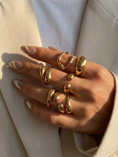 Set de 6 anillos abiertos con gota asimétrica de estilo vintage, diseño de moneda elegante, adecuado para uso diario, fiestas de noche, regalo para novia, amiga, Día de San Valentín