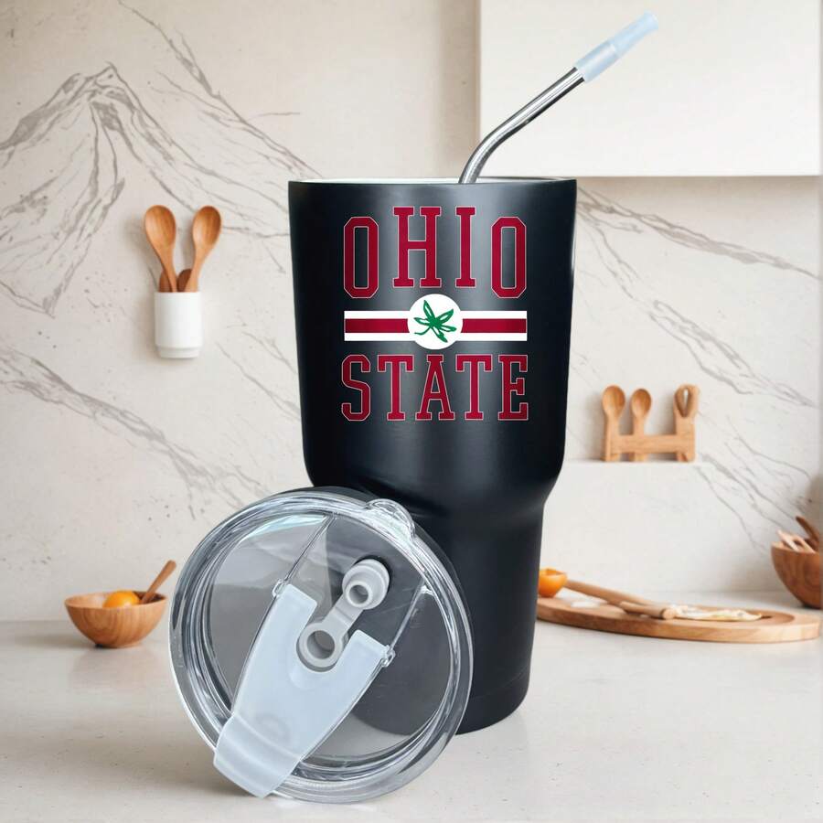 30oz Stainless Steel Tumbler Black White Options, Ohio State Logo With Red And White Stripes Graphic Cups, Insulated Travel Coffee Mug With Lid And Straw , Double Wall Vacuum Reusable Travel Cups, Funny Birthday Party Gift For Women & Men - 黑色 - 查看 1