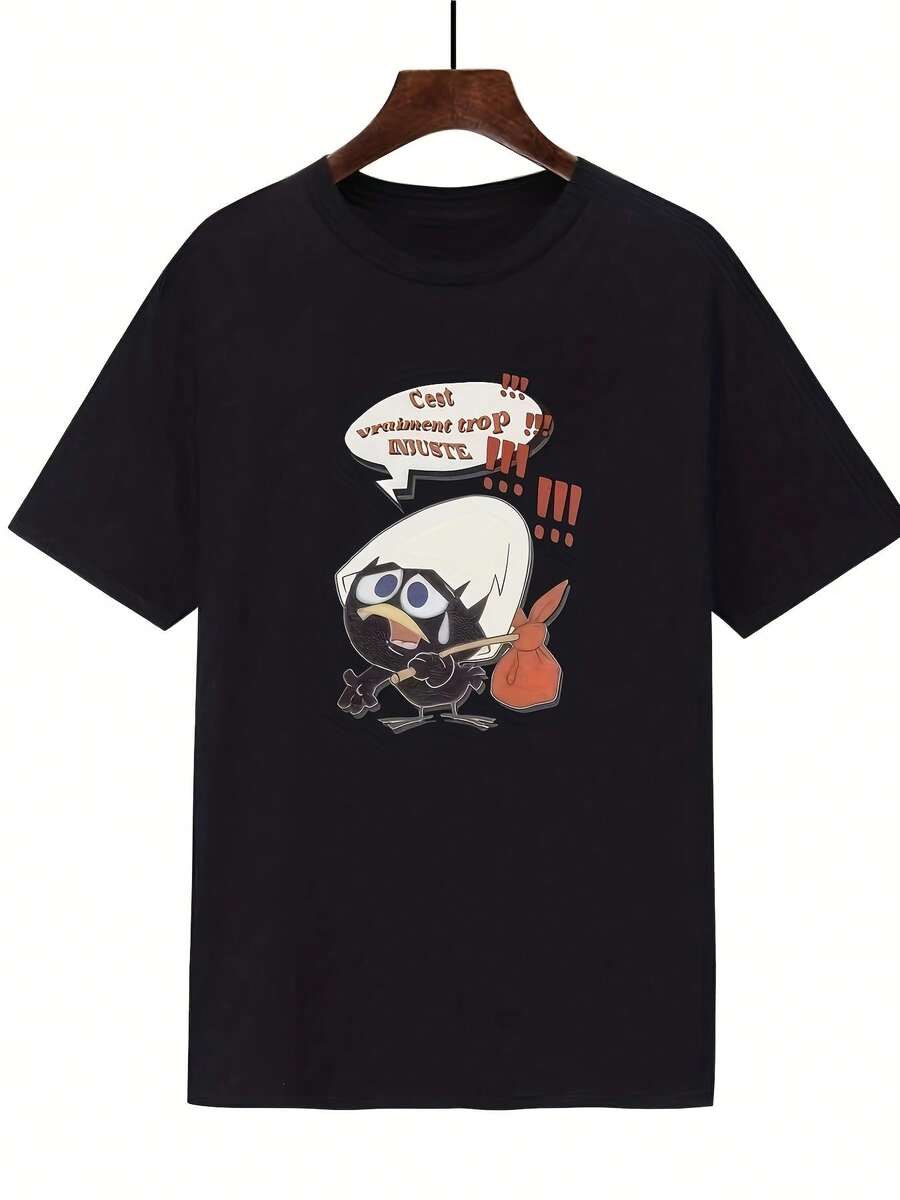 Camiseta de algodón de 180 g para hombre con estampado de pollo de dibujos animados de Calimero - texto en francés divertido y gráficos de animales, top casual de manga corta y cuello redondo, lavable aáquina, ajuste cómodo, camiseta con temática de pollo, estilo holgado, diseño divertido, fácil cuidado, ropa moderna, tela suave, camiseta estampada, atuendo divertido adecuado para el transporte diario, salidas casuales, versátil para uso en el hogar, paseos al aire libre, sencilla y sin restricciones, estilo de nicho moderno, la primera opción para parejas. - Negro 2 - Ver 1
