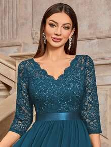 MIUSOL Đầm xòe tay lửng 3/4 bằng chiffon đính sequin hoa văn ren xếp ly, thanh lịch, thích hợp cho khách dự đám cưới, lễ tốt nghiệp, mùa xuân/hè, dáng chữ A dài đến đầu gối, trang phục ngày của Mẹ. - Màu xanh bụi bặm - Xem 9