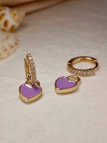 1 Đôi bông tai hình trái tim màu hồng đính đá Zirconia siêu nhỏ, kiểu dáng tối giản, có thể đeo được cả hai mặt. - Màu tím - Xem 3
