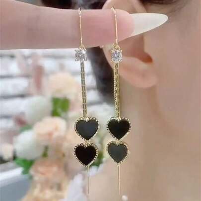 1对经典百搭时尚新款黑色心形流苏耳环，优雅奢华耳环，百搭耳环