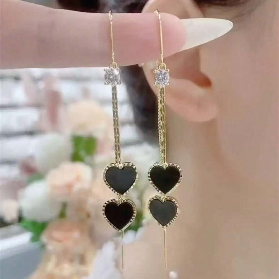 1对经典百搭时尚新款黑色心形流苏耳环，优雅奢华耳环，百搭耳环 - 彩色 - 查看 1