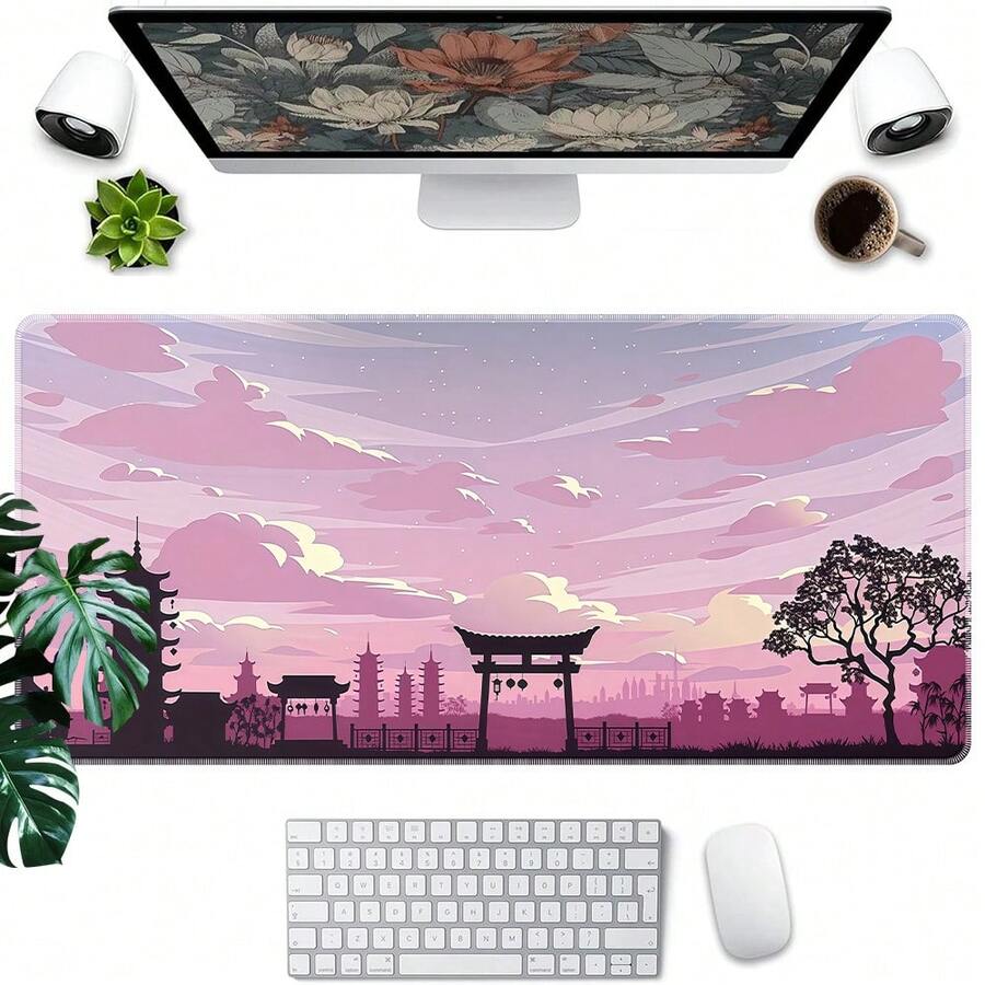1 pieza Alfombrilla de ratón grande con diseño de silueta de torre de santuario de pájaro y horizonte japonés en color rosa, superficie suave y cosida, ideal para seguimiento preciso en computadora portátil y escritorio, con estilo lindo - Ver 1