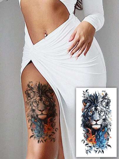 1pc Lion Temporary Tattoo, Fashionable Colorful Lion, Rose & Chrysanthemum Pattern Tattoo Sticker, Lasts 3-5 Days, Can Cover Scars, Suitable For Chest, Waist, Arms, Thighs Or Back, Ideal For Parties, Gifts, Vacations, Easy To Apply & Remove One-Time Body Art Tattoo Sticker