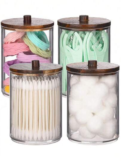 3M 4 Packs Acrylic Qtip Holder Dispenser For Swabs, Balls, Pads, Floss Picks- Clear Plastic Canister Apothecary Jar Set, Bathroom Essentials Accessories Decor Vanity Makeup Storage Organizer