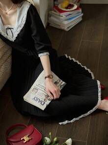 Simple Retro Women's Navy Collar Bow Tie Contrast Ruffle Hem Dress - Black - View 6