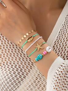 5pcs/Set Handmade Bohemian Style Bracelet Set, Shell & Star Chain Bracelets, Summer Holiday Gift For Women - Multicolor - View 1