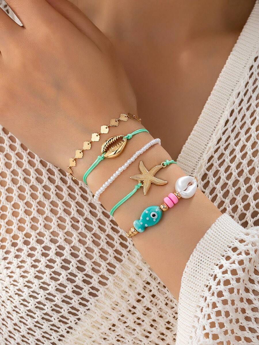 5pcs/Set Handmade Bohemian Style Bracelet Set, Shell & Star Chain Bracelets, Summer Holiday Gift For Women - Multicolor - View 1