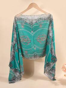 1 pieza Chal/Bufanda de mujer de gasa ligera con estampado de leopardo y cadena vintage, versátil y holgada con botón de perla, adecuado para viajes y uso diario, para todas las estaciones - Multicolor - Ver 6