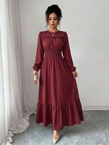 Spring Fall Crewneck Smocked Waist Dress Women's Long Sleeve Ruffle Trim Flounce Hem Casual Elegant Solid Midi Dress - Màu Đỏ Sâu - Xem 5