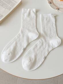 1 Pair Women's Solid Color Sheer Thin Pearl Fashionable Minimalist Cute Korean Style Mid-Calf Socks, Suitable For Spring/Summer Daily Wear - Multicolor - View 13