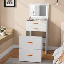 Tocador compacto blanco con espejo, conjunto de mesita de noche y tocador 3 en 1 que ahorra espacio, con almacenamiento y silla con ruedas, para habitaciones pequeñas - Blanco - Ver 7