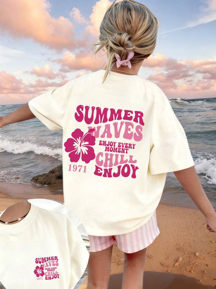 Tween Girl Casual Funny Print Round Neck Short Sleeve T-Shirt, Summer Top - Apricot - View 1