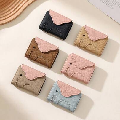 Mini Cartoon Elephant Wallet For Girls, PU Leather Accordion Card Organizer With Snap Closure, Slim Travel Card Case For Credit Cards & Cash