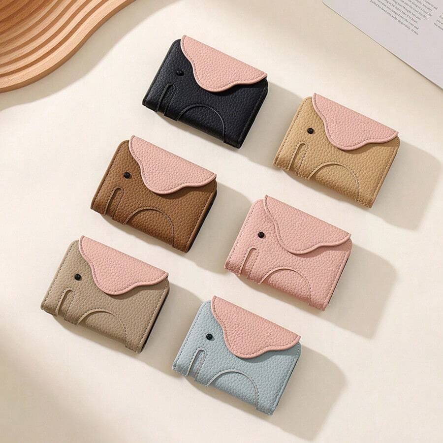 Cartera de mujer con diseño de elefante de dibujos animados, monedero de cuero PU con acordeón para tarjetas, organizador delgado de tarjetas de crédito y efectivo para mujer, cartera de viaje, cartera pequeña, cartera linda, esencial de viaje - Multicolor - Ver 1