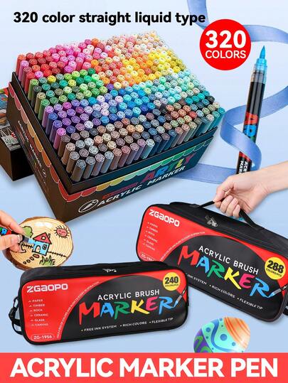 Set marker acrilic cu 12-320 de culori, durabil și rezistent la decolorare, potrivit pentru artiști care pictează, ilustrează, meșteșuguri, cărți de colorat pentru întoarcerea la școală, proiecte DIY pe hârtie, material textil, lemn, piatră, plastic, sticlă, ceramică, dovleac, pentru studenți și adulți, cadou excelent pentru Ziua Recunoștinței, Halloween, Crăciun