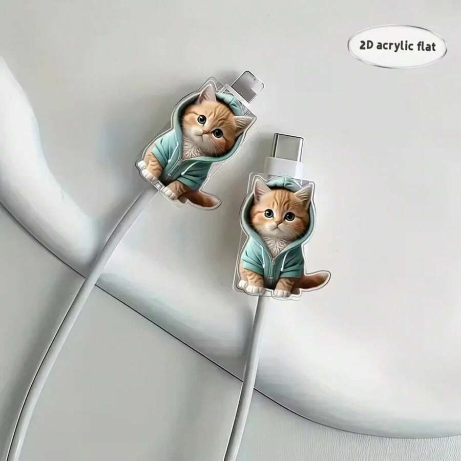 Dos protectores de cables de datos en forma de gato de dibujos animados, adecuados para interfaz tipo C/carga para evitar rotura de cables de carga. PWTO - 2 piezas - Ver 1