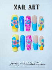 10-Piece Handmade Press-On Nail Stickers, Y2K Style, Square Nails, 3D Nail Art, Cute Nail Art, 3D Hand-Carved Flowers, False Nails, Dopamine Style, High-End Quality, Reusable, Suitable For Women And Girls To Wear Daily Or On Holidays, And Can Also Be Given As A Gift. - Multicolor - View 1