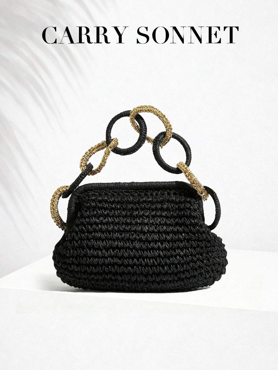 Women's Straw Crossbody Bag With Tassel Chain And Strap. Handwoven Beach Tote Bag/Wallet. Essential For Holidays, Ladies Handbag - Black - View 1