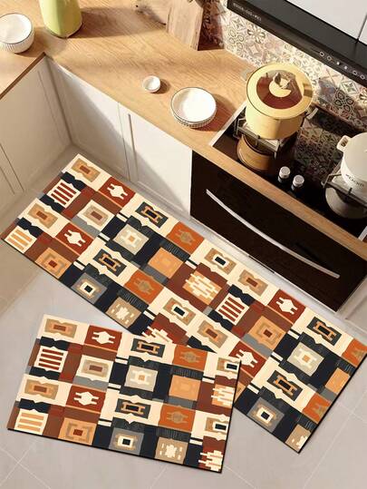 1 pieza Alfombra de cocina de estilo marroquí con patrón geométrico floral de silicona, base azul marino profundo con colores naranja cálido, beige y azul claro, elementos vintage, lujosa y elegante, alfombra de cocina antifatiga con superficie de tela y material absorbente de esponja