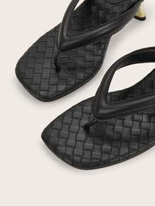 Minimalist Elegant Square Toe Stone Texture Open Toe Split Toe Flip Flop Backless Slip-On Asymmetric Heel High Heel Sandals - Black - View 3
