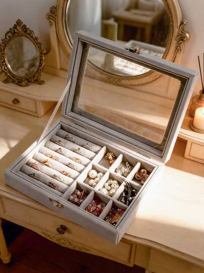 Elegant Velvet Jewelry Box With Transparent Lid, Multi-Compartment Jewelry Organizer For Rings, Earrings, Necklaces And Bracelets, Premium Vanity Tray With Soft Lining And Safety Clasp, Ideal For Cruise Essentials, Travel And Home Vanity, Space-Saving And Dust-Proof, Perfect For Storing And Displaying Your Jewelry Collection, Ideal Vanity Accessory For Women And Girls