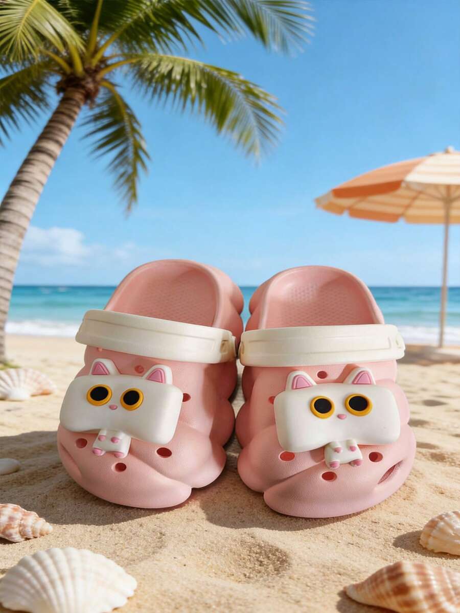 A Pair Of Summer Girls Pink Cartoon Cat Clogs | Lightweight Beach Sandals | Casual Summer Slippers - Pink - View 1