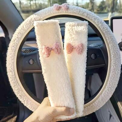 1개/2개/3개 부드러운 푹신한 리본 안전벨트 커버 | 리본 장식 범용 자동차 스티어링 휠 커버, 내부 링 없음