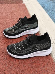 Zapatillas de plataforma de primavera para mujer con decoración de diamante de imitación, minimalistas, versátiles, casuales, cómodas y ligeras para el campus y el uso diario - Negro - Ver 7