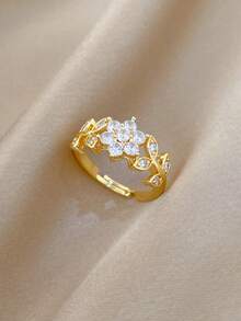 1pc Stainless Steel Luxury Floral Fully Paved Crystal Adjustable Ring, Minimalist Japanese Style Finger Jewelry - Yellow Gold - View 4